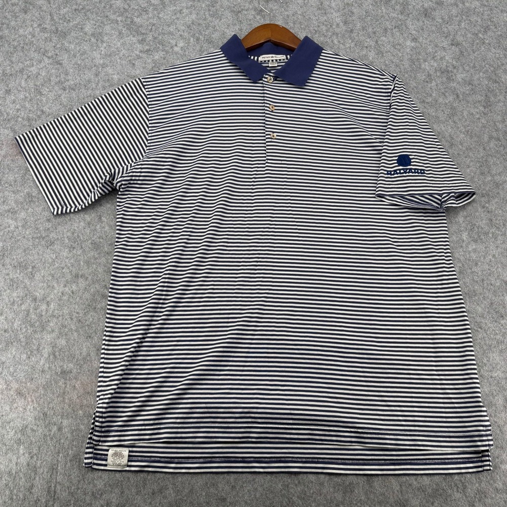 Peter Millar Mens XL Polo Shirt Navy White Striped Halyard Logo Cotton S/S